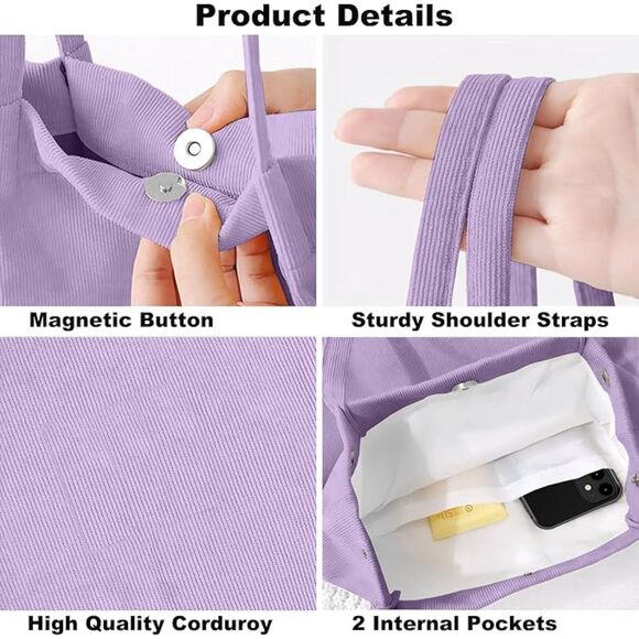 Women Purple Imported Corduroy Small Canvas Shoulder Handy Tote Bag - Picture 4 of 4